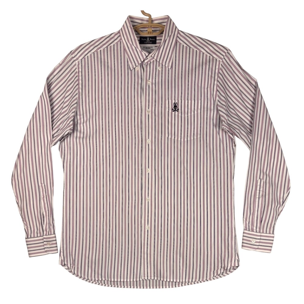 Psycho Bunny Mens Large Pima Cotton Striped Button Down Shirt‎ Purple RN125028